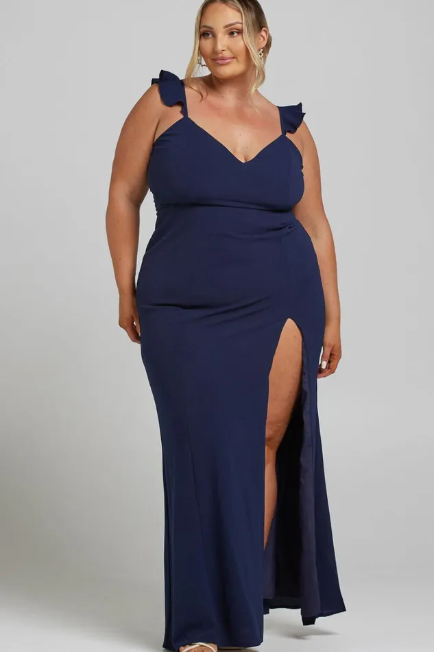 More Than This Midi Dress 8211 Ruffle Strap Thigh Split Dress In Navy Women Showpo Curve Clothes