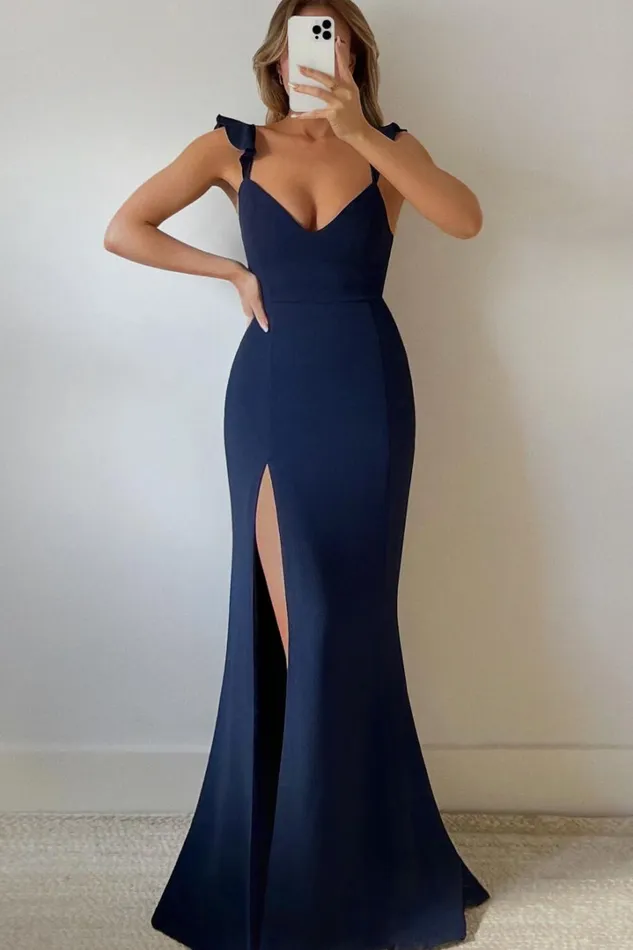 More Than This Midi Dress 8211 Ruffle Strap Thigh Split Dress In Navy Women Showpo Curve Clothes