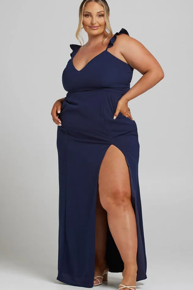 More Than This Midi Dress 8211 Ruffle Strap Thigh Split Dress In Navy Women Showpo Curve Clothes