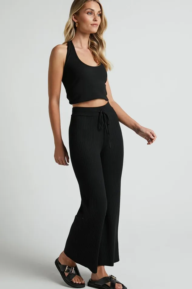 Motto Pants 8211 High Waisted 78 Length Ribbed Knit Pants In Black Women Showpo Curve Clothes