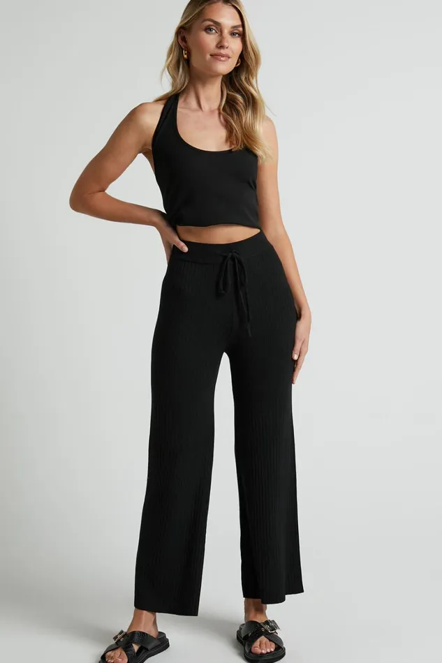 Motto Pants 8211 High Waisted 78 Length Ribbed Knit Pants In Black Women Showpo Curve Clothes