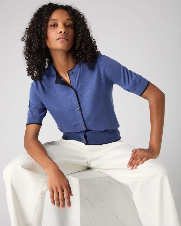 NPeal Cardigans Women Cotton Cashmere Short Sleeve Cardigan Denim Blue