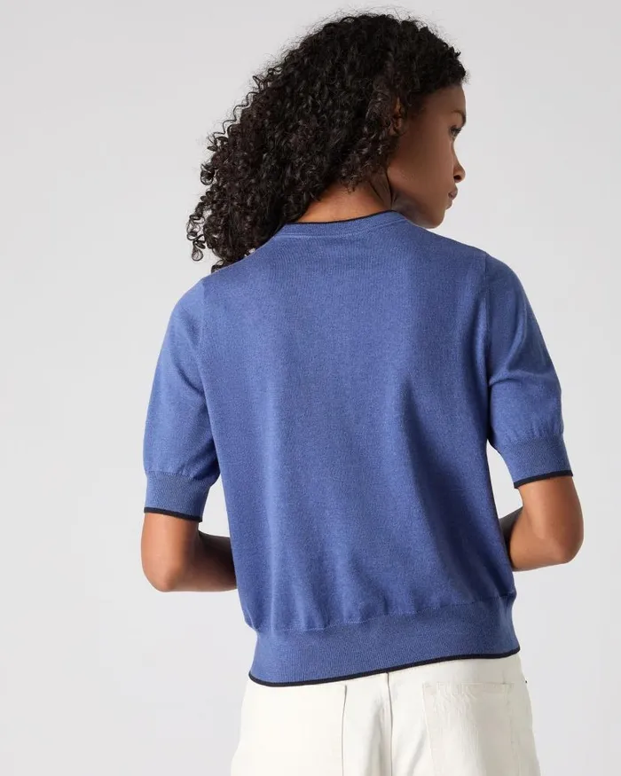 NPeal Cardigans Women Cotton Cashmere Short Sleeve Cardigan Denim Blue