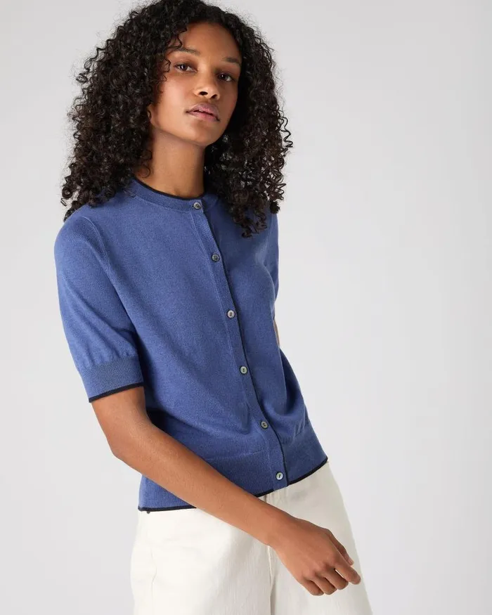 NPeal Cardigans Women Cotton Cashmere Short Sleeve Cardigan Denim Blue