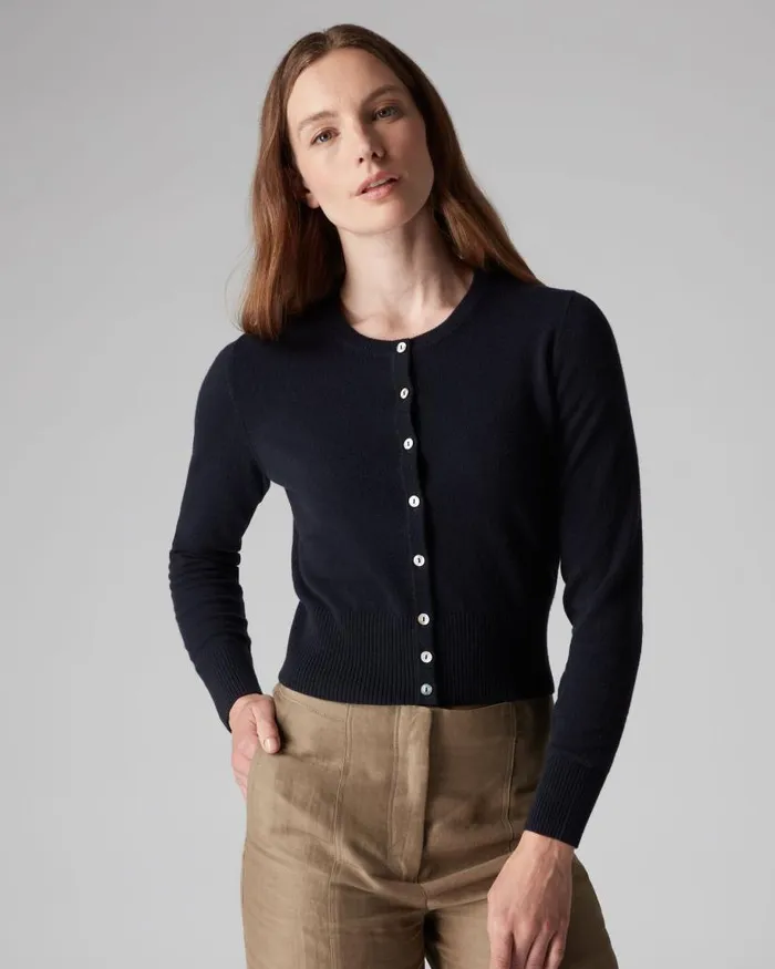NPeal Cardigans Women Ivy Cropped Cashmere Cardigan Navy Blue