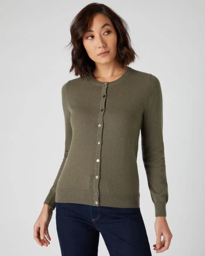 NPeal Cardigans Women Round Neck Cashmere Cardigan Khaki Green
