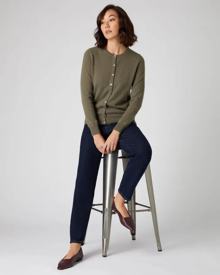 NPeal Cardigans Women Round Neck Cashmere Cardigan Khaki Green