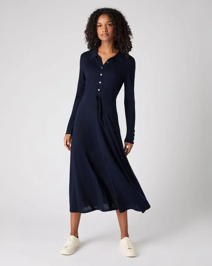 NPeal Dresses and Skirts Women Polo Collar Silk Cashmere Dress Navy Blue
