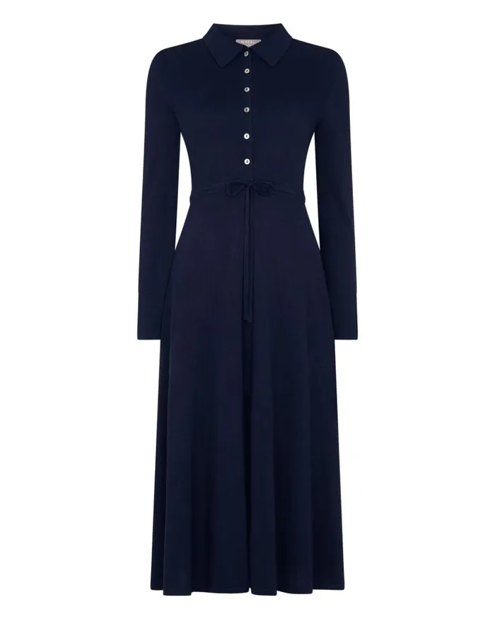 NPeal Dresses and Skirts Women Polo Collar Silk Cashmere Dress Navy Blue