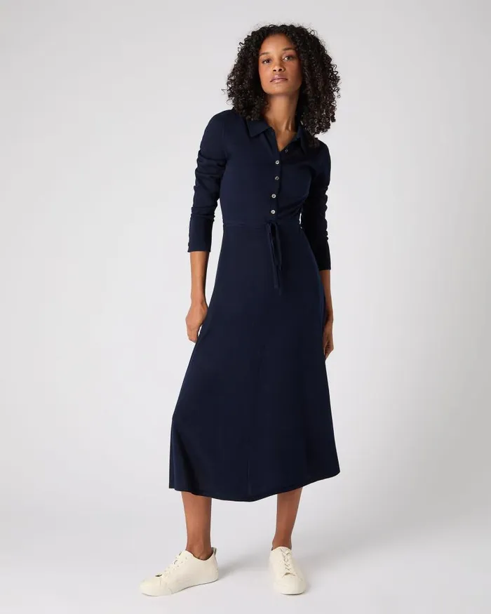NPeal Dresses and Skirts Women Polo Collar Silk Cashmere Dress Navy Blue