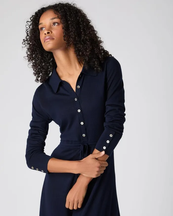 NPeal Dresses and Skirts Women Polo Collar Silk Cashmere Dress Navy Blue
