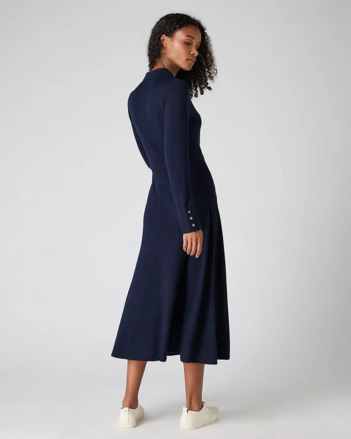 NPeal Dresses and Skirts Women Polo Collar Silk Cashmere Dress Navy Blue