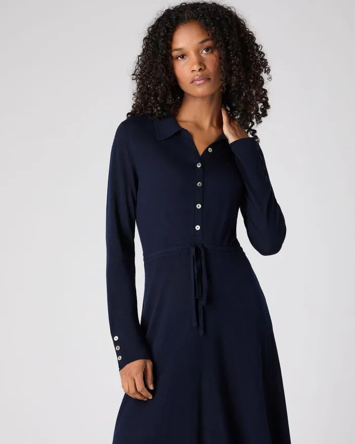 NPeal Dresses and Skirts Women Polo Collar Silk Cashmere Dress Navy Blue