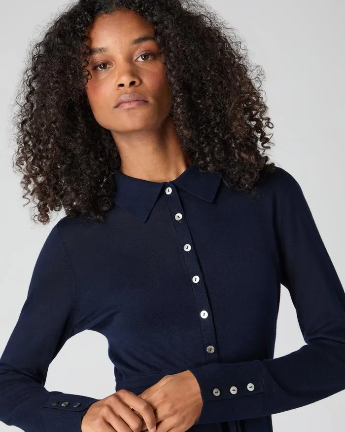 NPeal Dresses and Skirts Women Polo Collar Silk Cashmere Dress Navy Blue
