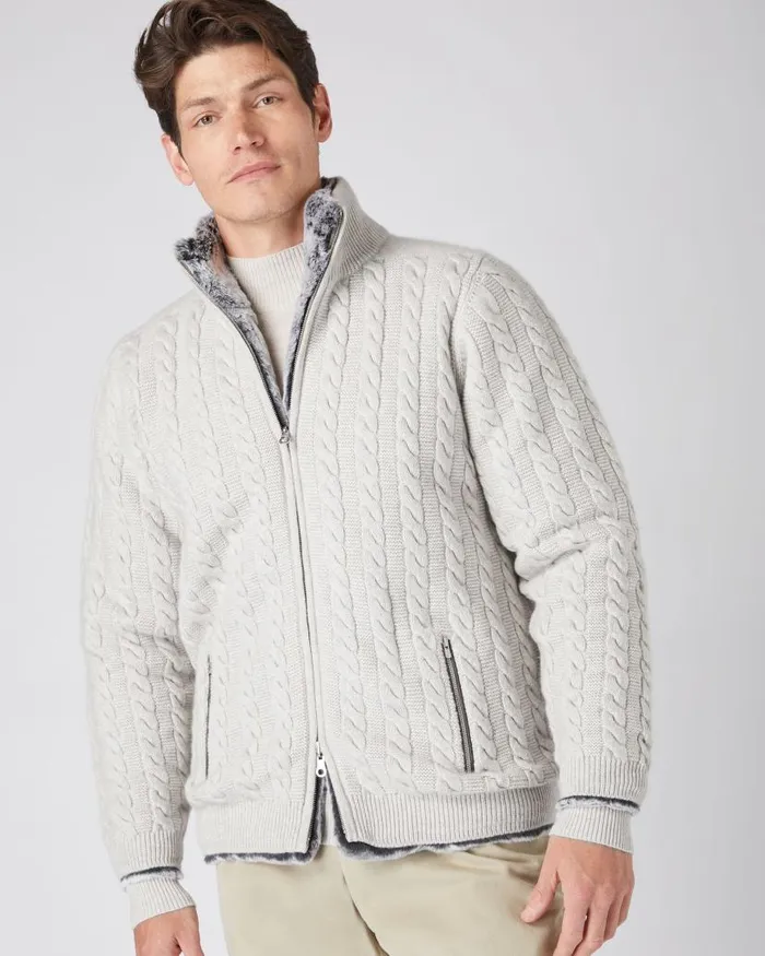 NPeal Half and Full Zip Knitwear Men Aspen Cashmere Cable Fur Cardigan Pebble Grey