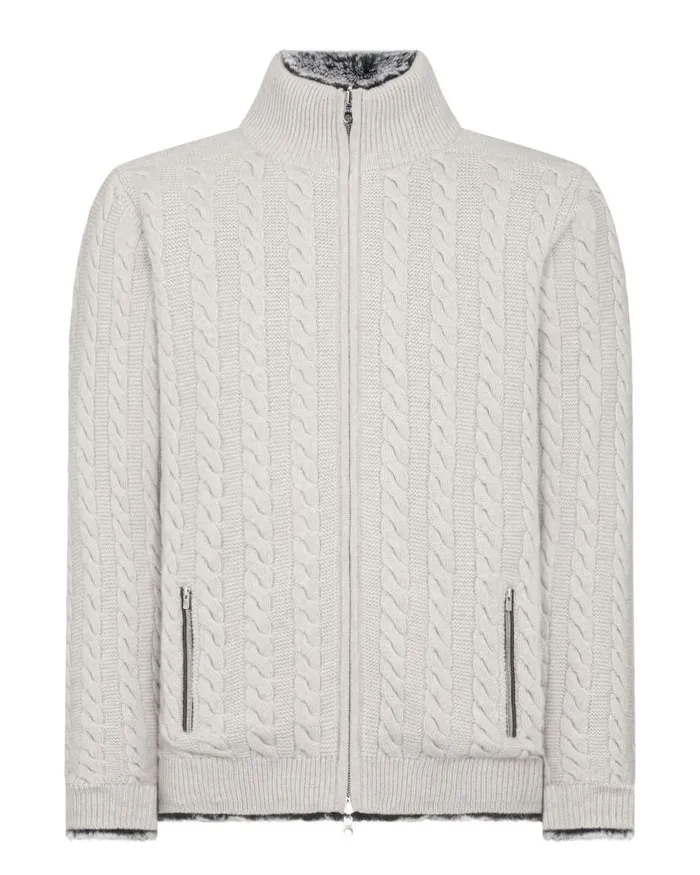 NPeal Half and Full Zip Knitwear Men Aspen Cashmere Cable Fur Cardigan Pebble Grey