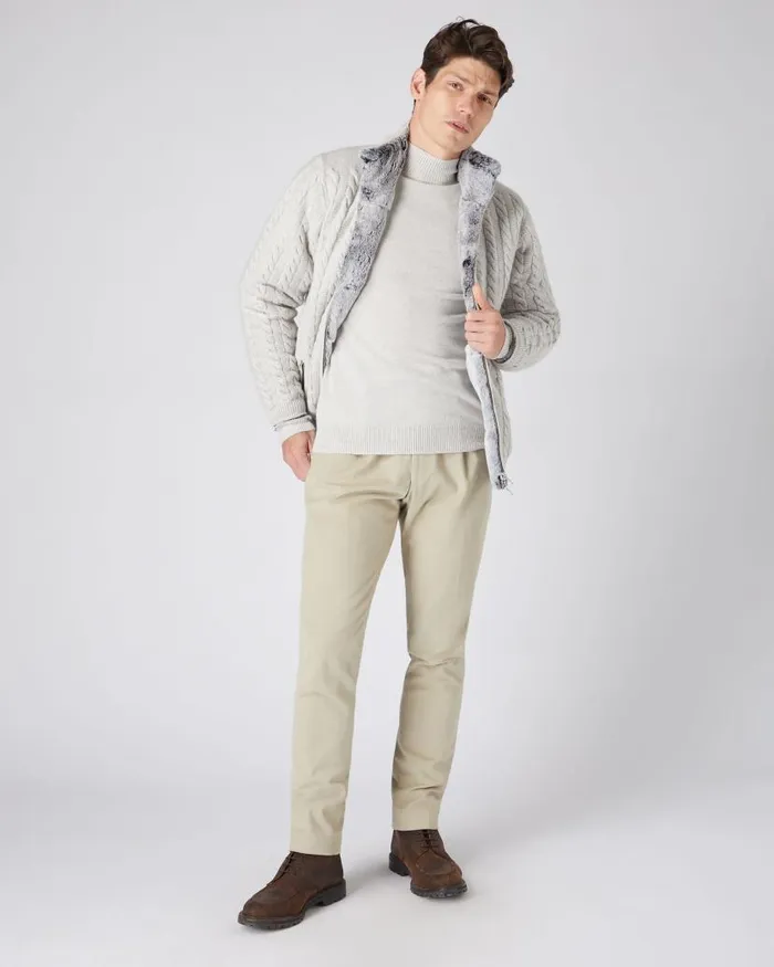 NPeal Half and Full Zip Knitwear Men Aspen Cashmere Cable Fur Cardigan Pebble Grey