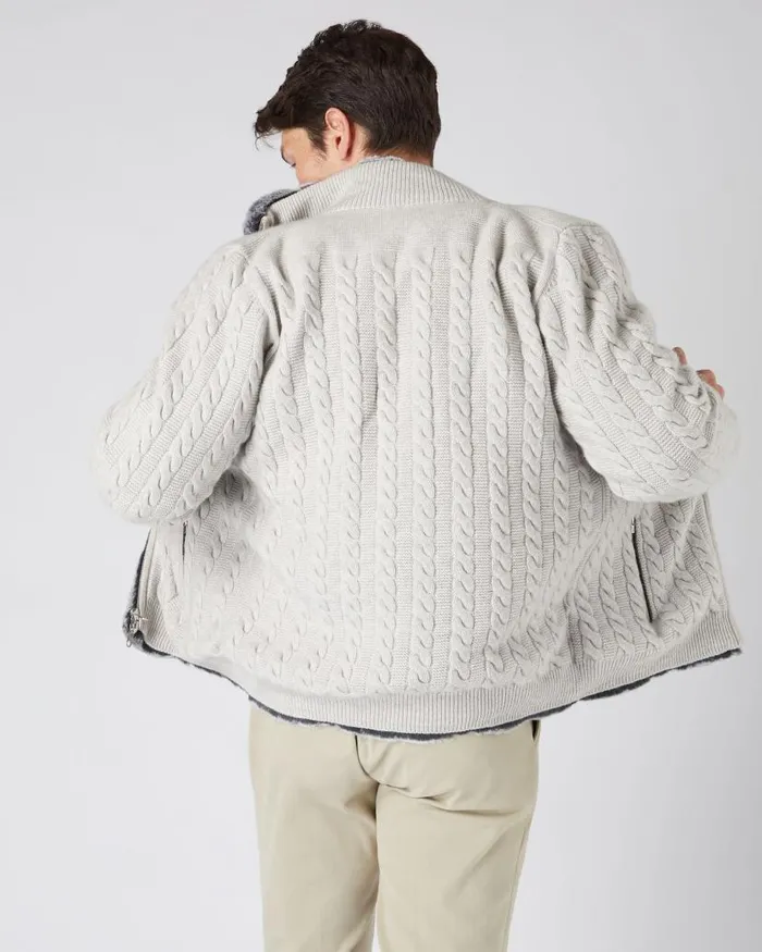 NPeal Half and Full Zip Knitwear Men Aspen Cashmere Cable Fur Cardigan Pebble Grey