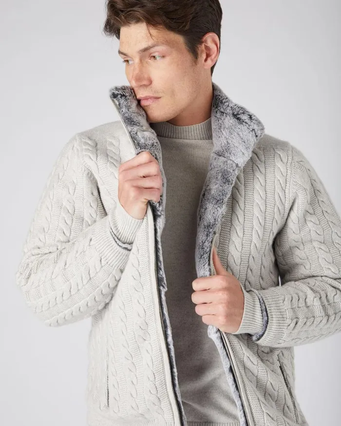 NPeal Half and Full Zip Knitwear Men Aspen Cashmere Cable Fur Cardigan Pebble Grey