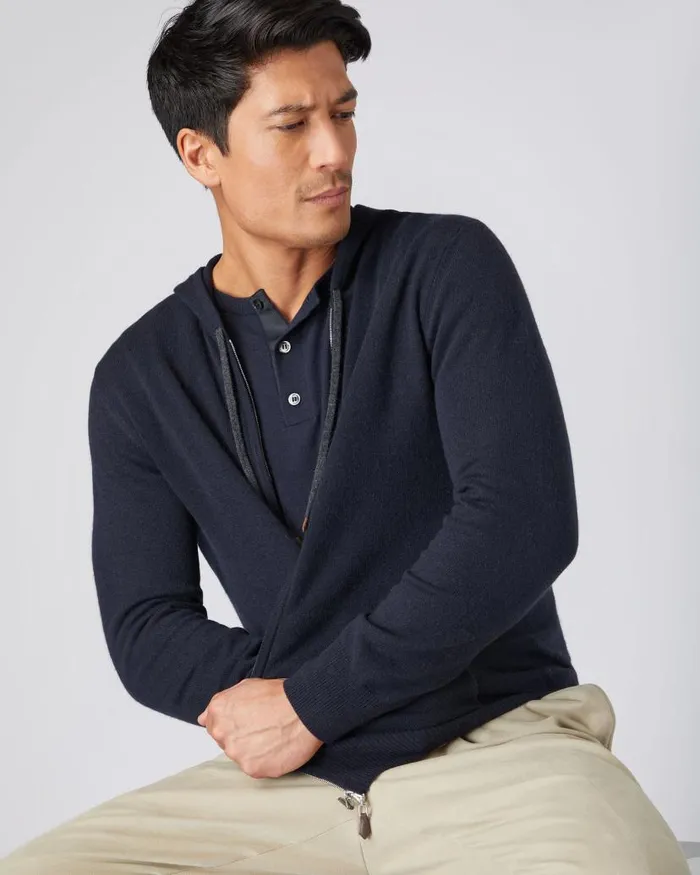 NPeal Half and Full Zip Knitwear Men Ladbroke Cashmere Hoodie Navy Blue