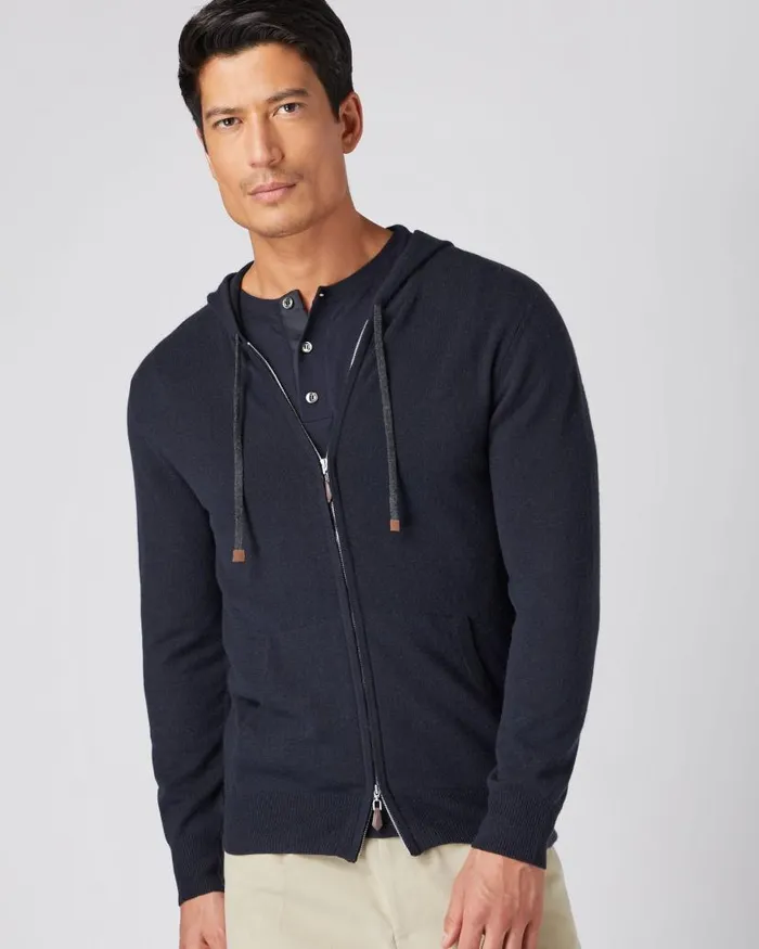 NPeal Half and Full Zip Knitwear Men Ladbroke Cashmere Hoodie Navy Blue
