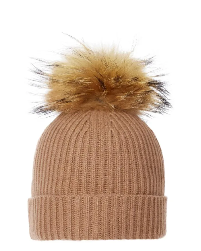 NPeal Hats WomenMen Unisex Ribbed Cashmere Hat With Detachable Pom Dark Camel Brown