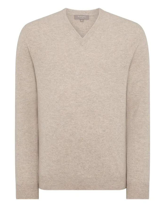 NPeal Jumpers Men Burlington V Neck Cashmere Jumper Oatmeal Brown