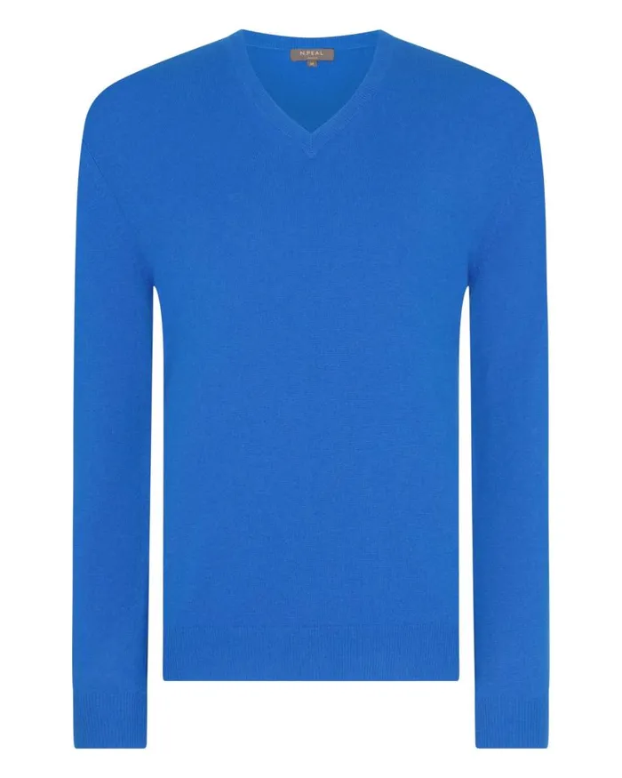NPeal Jumpers Men Burlington V Neck Cashmere Jumper Sonic Blue