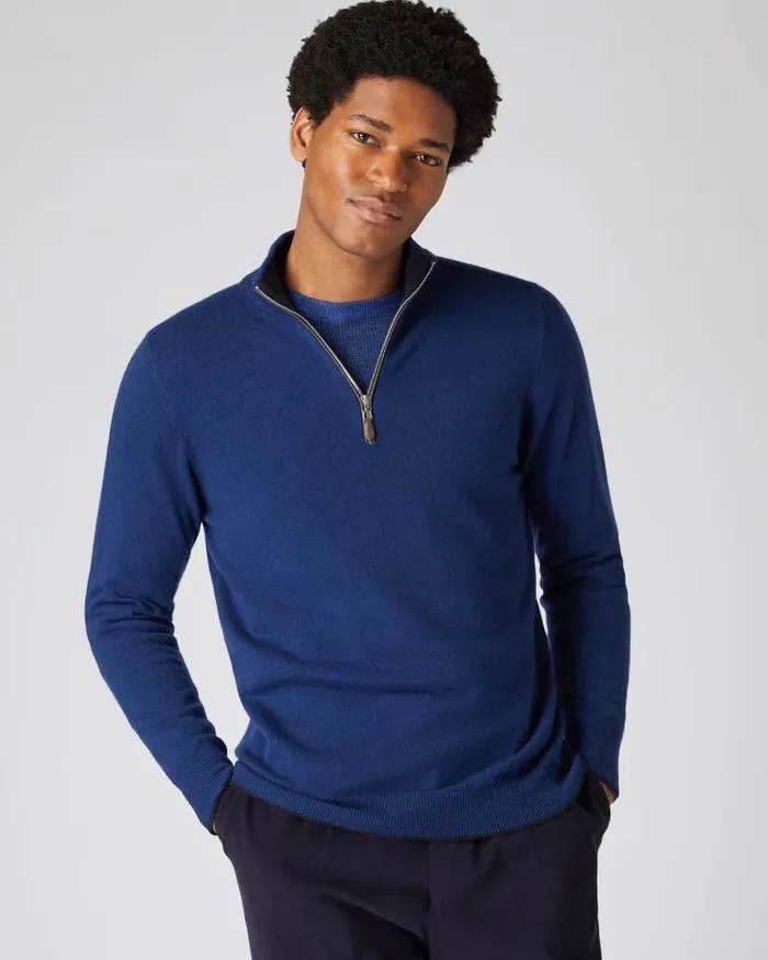 NPeal Jumpers Men Carnaby Half Zip Cashmere Jumper French Blue