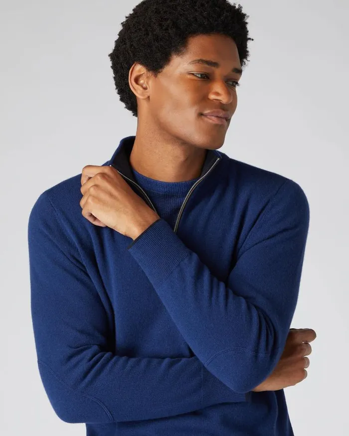 NPeal Jumpers Men Carnaby Half Zip Cashmere Jumper French Blue
