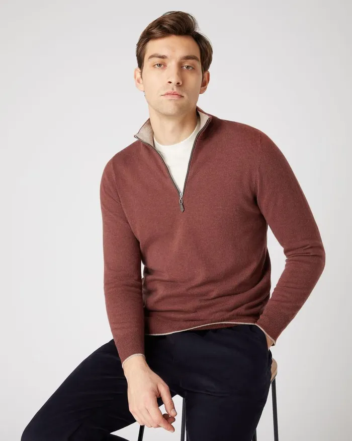 NPeal Jumpers Men Carnaby Half Zip Cashmere Jumper Terracotta Brown