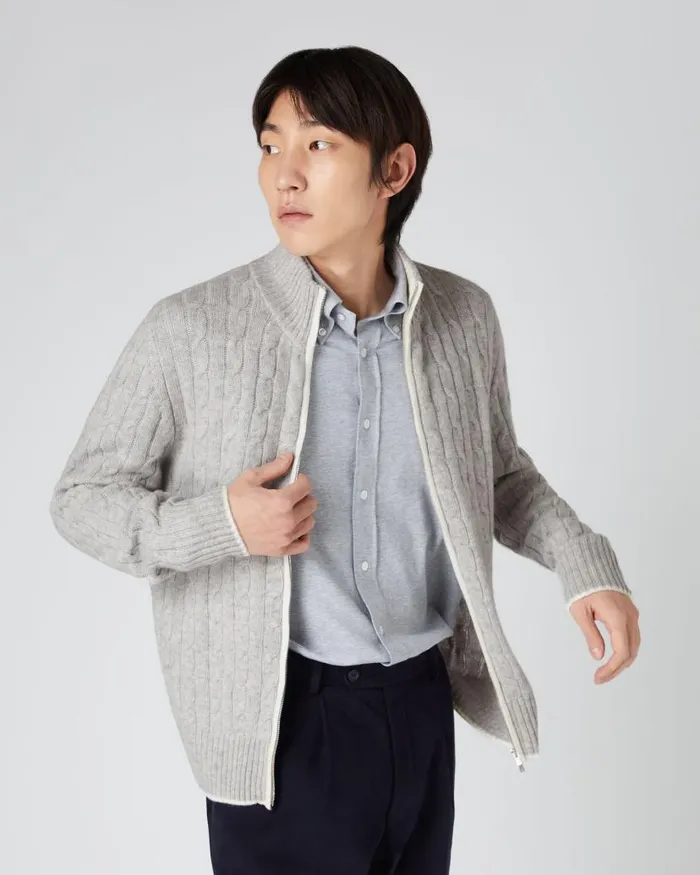 NPeal Jumpers Men Contrast Cable Full Zip Cashmere Jumper Fumo Grey