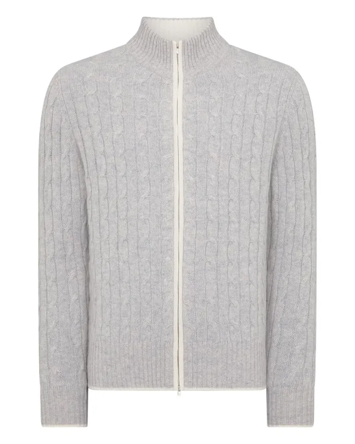 NPeal Jumpers Men Contrast Cable Full Zip Cashmere Jumper Fumo Grey