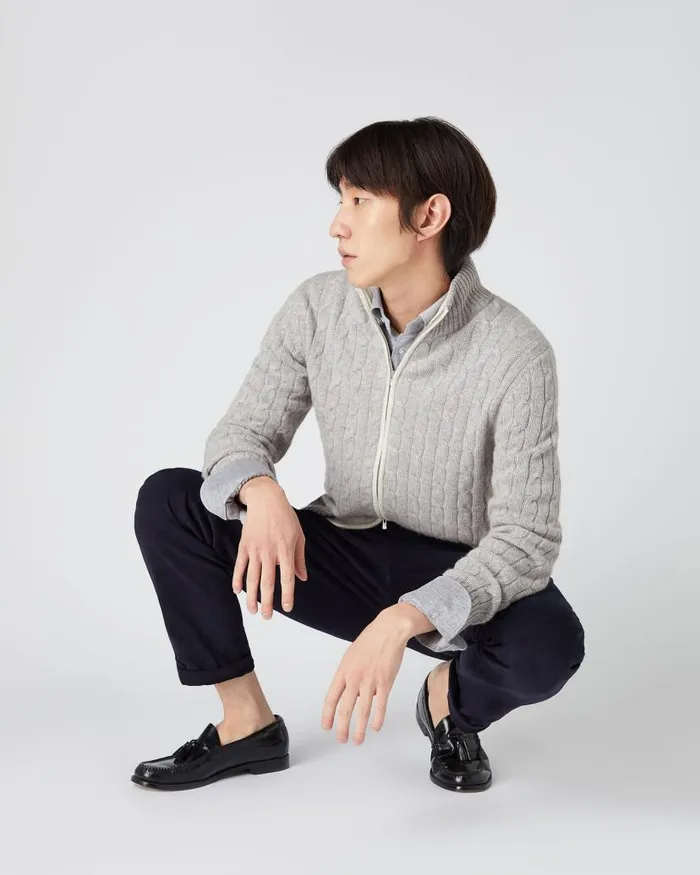 NPeal Jumpers Men Contrast Cable Full Zip Cashmere Jumper Fumo Grey