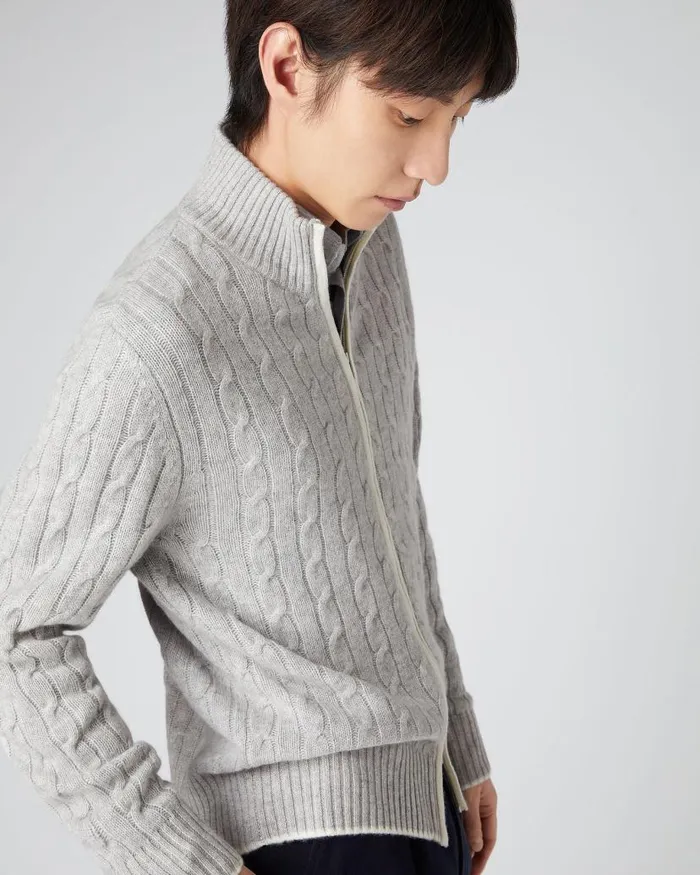 NPeal Jumpers Men Contrast Cable Full Zip Cashmere Jumper Fumo Grey