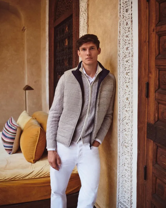 NPeal Jumpers Men Contrast Cable Full Zip Cashmere Jumper Fumo Grey