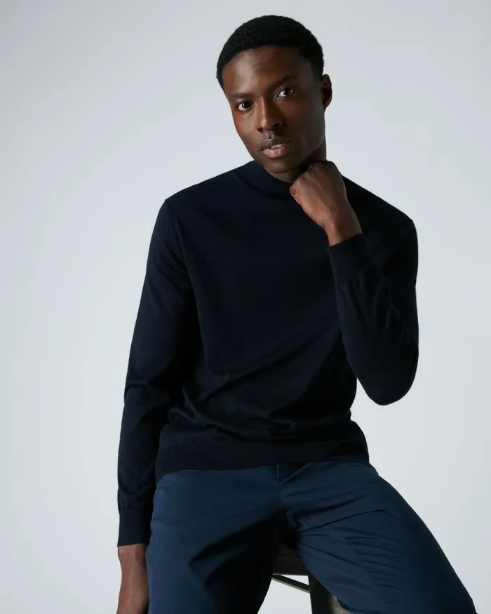 NPeal Jumpers Men Fine Gauge Cashmere Turtle Neck Jumper Navy Blue