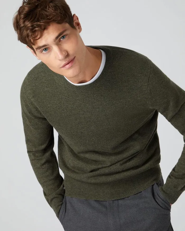 NPeal Jumpers Men Oxford Round Neck Cashmere Jumper Moss Green