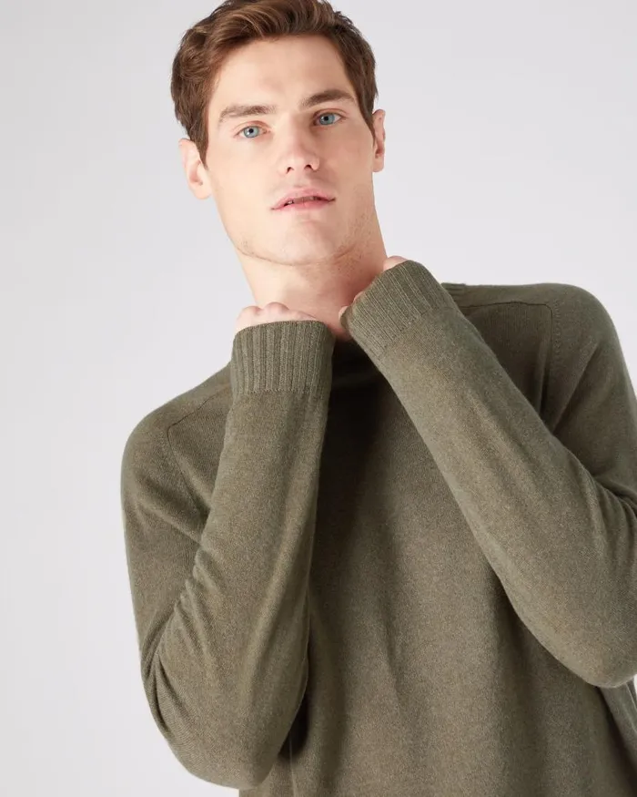 NPeal Jumpers Men Raglan Round Neck Cashmere Jumper Khaki Green