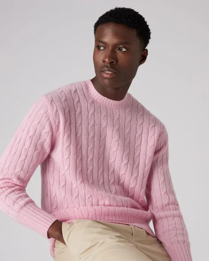 NPeal Jumpers Men Thames Cable Round Neck Cashmere Jumper Flamingo Pink