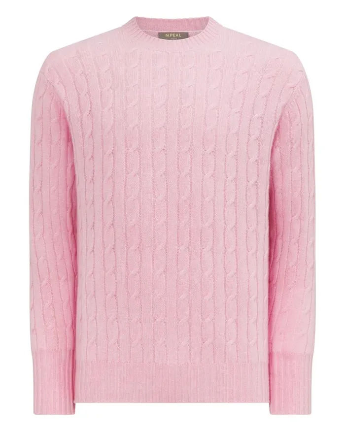 NPeal Jumpers Men Thames Cable Round Neck Cashmere Jumper Flamingo Pink