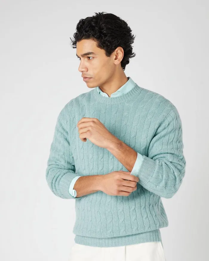 NPeal Jumpers Men Thames Cable Round Neck Cashmere Jumper Oasis Green