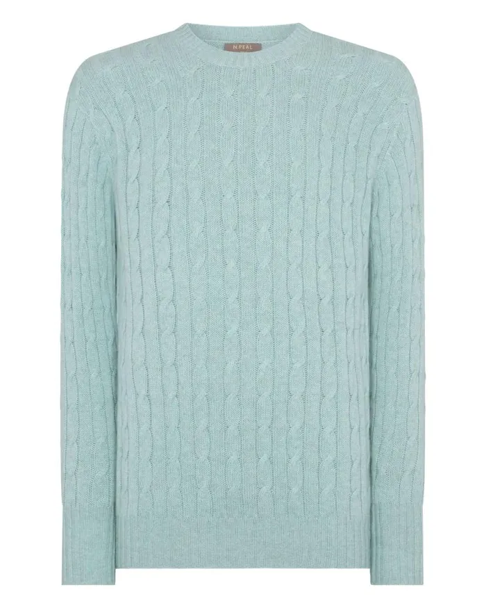 NPeal Jumpers Men Thames Cable Round Neck Cashmere Jumper Oasis Green