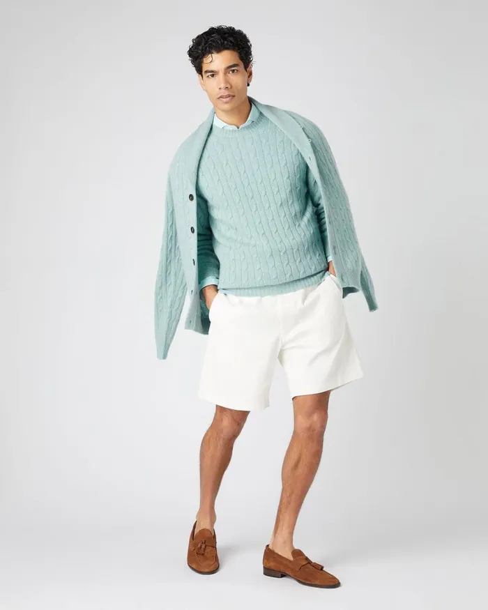 NPeal Jumpers Men Thames Cable Round Neck Cashmere Jumper Oasis Green