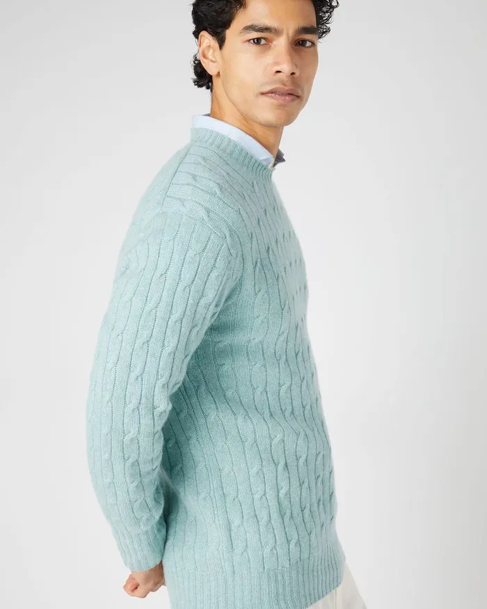 NPeal Jumpers Men Thames Cable Round Neck Cashmere Jumper Oasis Green