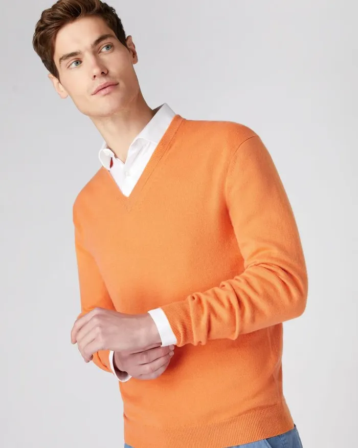 NPeal Jumpers Men The Burlington V Neck Cashmere Jumper Papaya Orange