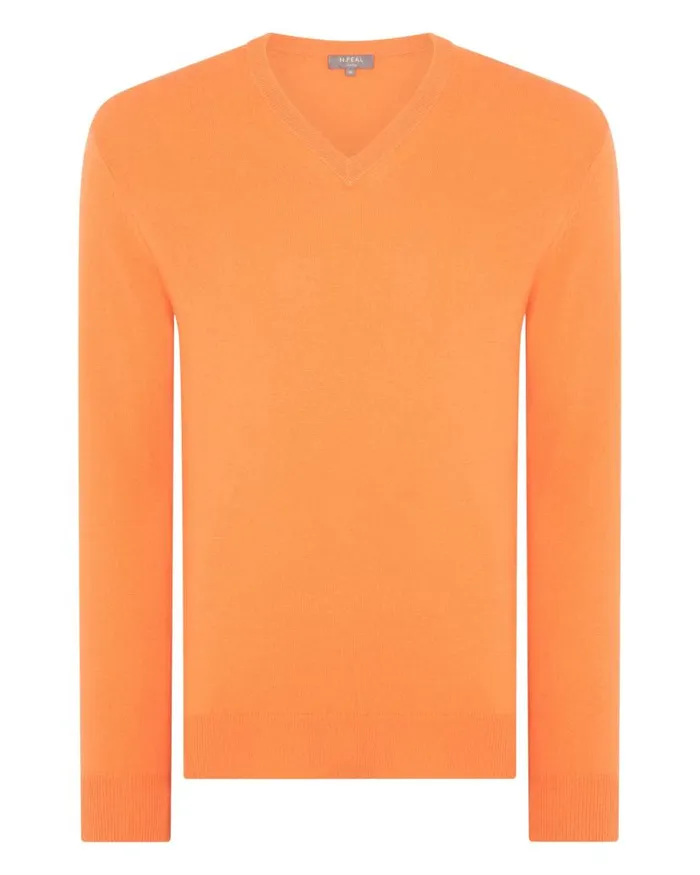 NPeal Jumpers Men The Burlington V Neck Cashmere Jumper Papaya Orange