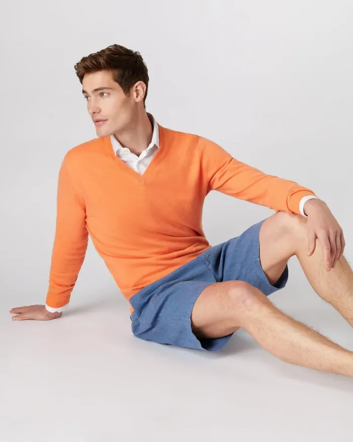 NPeal Jumpers Men The Burlington V Neck Cashmere Jumper Papaya Orange