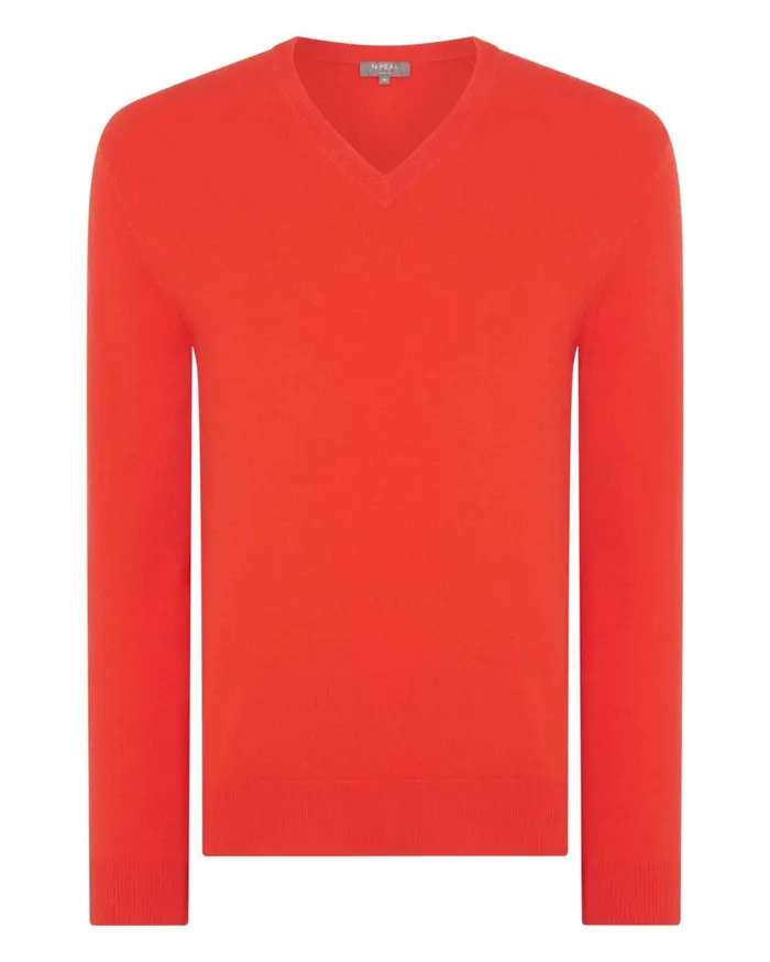 NPeal Jumpers Men The Burlington V Neck Cashmere Jumper Vermillion Red