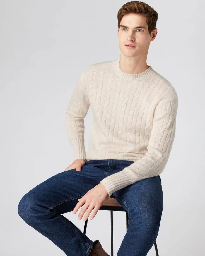 NPeal Jumpers Men The Thames Cable Cashmere Jumper Almond White